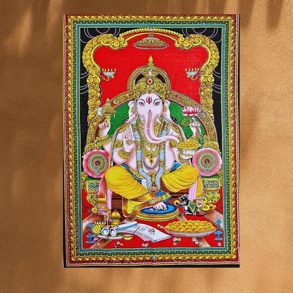Lord Ganesha Deity Sequin Tapestry Indian God Batik Cotton Wall Hanging 43"x30" - Picture 3 of 6